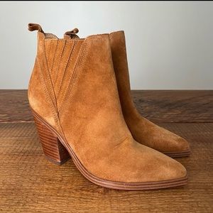 MARC FISHER Gadri Rhum Ankle Booties Tan Brown Suede Pointed Toe Block Heel 6